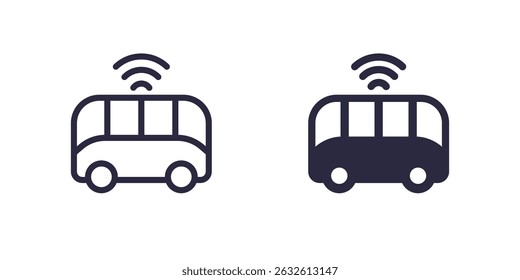 autonomous shuttle bus icons, city transport pictogram in two styles