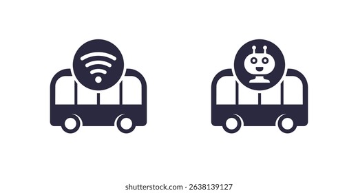 autonomous shuttle bus icons on white, self driving transport