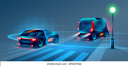 Autonomous smart bus and car rides through the night city. Smart bus scans the road and goes without a driver. Smart bus recognize road signs, lane markings and pedestrians at the crosswalk. VECTOR