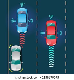 Sensor inalámbrico automático auto inteligente autónomo conduciendo por la carretera alrededor del auto. Autónomo de coche inteligente que recorre las carreteras, observa la distancia y el sistema de frenado automático