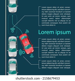 Sensor inalámbrico automático auto inteligente autónomo conduciendo por la carretera alrededor del auto. Autónomo de coche inteligente que recorre las carreteras, observa la distancia y el sistema de frenado automático