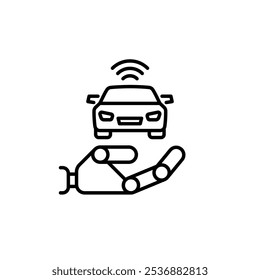 Clip inteligente autónomo del coche del símbolo del arte, taxi robot autónomo, sistema avanzado de la ayuda al conductor, Internet de las cosas, control satelital, Ilustración vectorial lineal aislada, carrera editable,