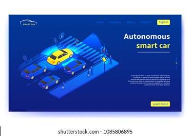 Autonomous smart car concept banner. Smart car stands in front of traffic light and scans road, signs, objects and crosswalk in the city. Vector illustration.