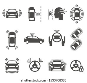 Autonomous smart car glyph icons vector set. Unmanned auto black silhouette illustrations. Automatic navigation vehicle symbols isolated on white. Driverless transportation cliparts collection