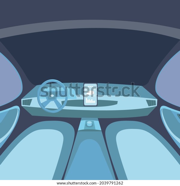 Autonomous smart\
car interior. autonomous car in city on highway. The screen\
displays information about the moving vehicle, GPS, travel time,\
Help application. Future car\
concept.