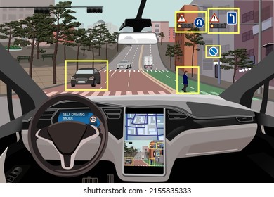 Autonomous Smart Car Interior. Driving An Autonomous Car In The City On The Highway. The Display Shows Information About A Moving Vehicle, GPS, Traffic Lights, Pedestrians. The Concept Of The Future.