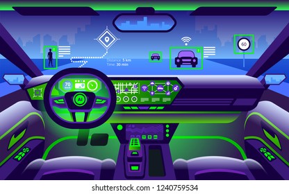 Autonomous smart car interior. Self driving at city landscape. Display shows information about the vehicle is moving, GPS, travel time, scan distance Assistance app. Future concept Vector illustration