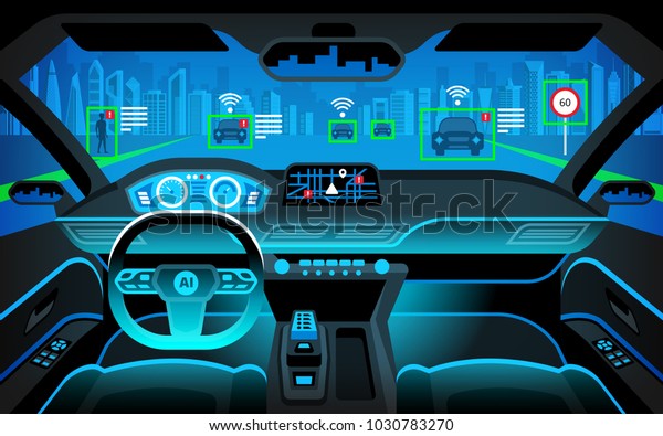 Autonomous smart car interior. Self driving
at night city landscape. Display shows information about the
vehicle is moving, GPS, travel time, scan distance.  Head up
display (HUD) Vector
illustration