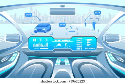 Autonomous Smart Car Interior. A Woman Rides A Autonomous Car In The City On The Highway. The Display Shows Information About The Vehicle Is Moving, GPS, Travel Time, Assistance App. Future Concept.