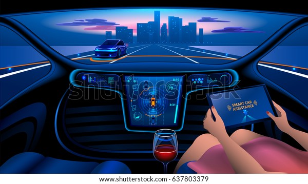 Autonomous Smart car interior. A woman rides a\
autonomous car in the city on the highway. The display shows\
information about the vehicle is moving, GPS, travel time,\
Assistance app. Future concept.\
