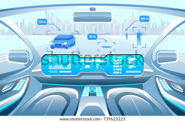 Autonomous Smart car interior. A woman rides a\
autonomous car in the city on the highway. The display shows\
information about the vehicle is moving, GPS, travel time,\
Assistance app. Future\
concept.