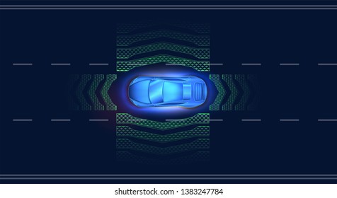 Autonomous Smart  car  on the road scan the traffic. Scans the road, observe the distance. Top view of the car. Future concept. Vector illustration