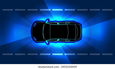 Autonomous smart car with radome and car sensor radar signal system, scanning and operating automatically for city safety on the highway. Futuristic concept, vehicle top view Vector.