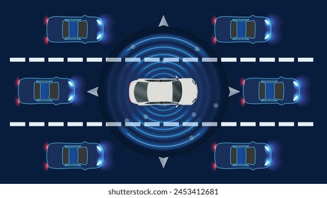 Coche inteligente autónomo. Escaneo y funcionamiento automático para la seguridad en el cruce de la ciudad en la autopista. Ilustración vectorial