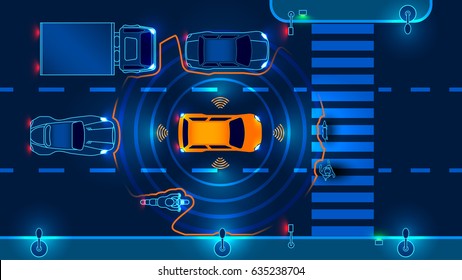 Autonomous smart car scans the road operates the machine automatically stops at the crosswalk in the city. Vector illustration.