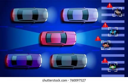 Autonomous smart car scans the road operates the machine automatically stops at the crosswalk in the city. Vector illustration.