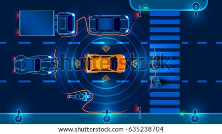 Autonomous smart car scans the road operates the machine automatically stops at the crosswalk in the city. Vector illustration.