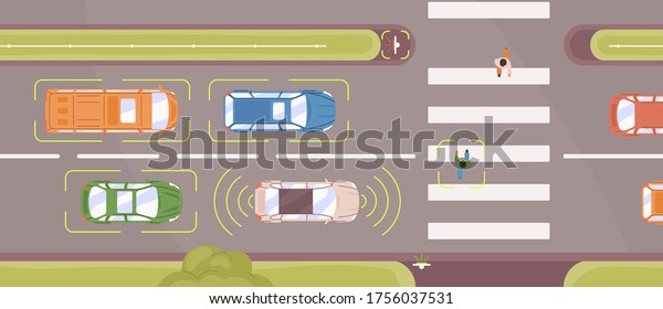 Autonomous smart car scans road top view\
vector flat illustration. Automatically operates automobiles stop\
in front of crosswalk. Self driving modern transportation with\
safety sensor\
intelligent