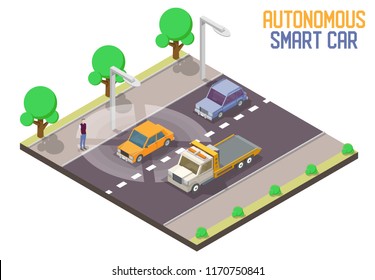 Autonomous smart car. Vector isometric self-driving car going down the road. Future driverless transport.