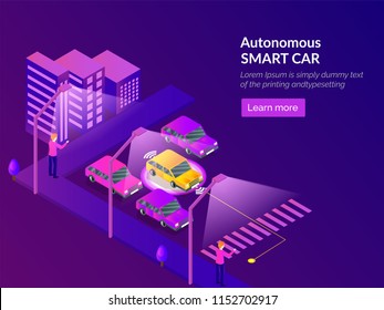 Autonomous Smart Car web template design with isometric illustration of urban city view and smart car on purple background.