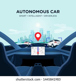 Autonomous smart driverless electric car self-driving on the road to city. Vehicle autopilot is scanning distance with radar, cameras and sensor. Vector illustration of car interior with big display.