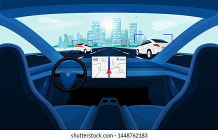 Autonomous smart driverless electric car self-driving on road to city. Vehicle autopilot scanning distance with radar, cameras, sensor. Viewed from the car interior dashboard display. Vector concept.