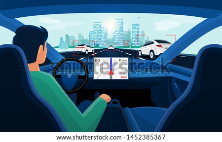 Autonomous smart driverless electric car self-driving on road to city. Vehicle on autopilot and man driver without holding hands on steering wheel. Car interior dashboard display view. Vector concept.