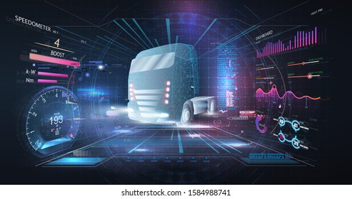 Autonomous smart truck. Unmanned vehicles. artificial intelligence controls the Autonomous truck. Hologram car style in HUD/UI/GUI. Hardware Diagnostics Condition of Car. Analysis and diagnostics auto