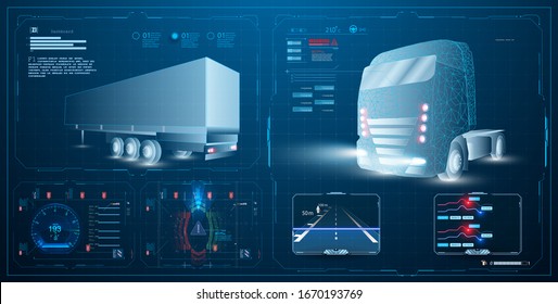 Autonomous smart truck. Unmanned vehicles. artificial intelligence controls the Autonomous truck. Hologram car style in HUD/UI/GUI. Hardware Diagnostics Condition of Car. Analysis and diagnostics auto