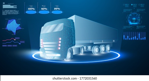 Autonomous smart truck. Unmanned vehicles. artificial intelligence controls the Autonomous truck. Hologram car style in HUD,UI,GUI. Truck. Abstract vector 3d heavy lorry van. Vector illustration