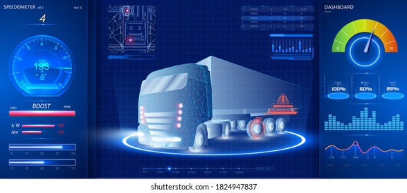 Autonomous smart truck. Unmanned vehicles. artificial intelligence controls the Autonomous truck. Hologram car style in HUD/UI/GUI. Hardware Diagnostics Condition of Car. Analysis and diagnostics auto