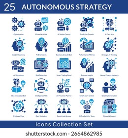 Conjunto de iconos de estrategia autónoma colección en estilo de esquema. un paquete de iconos contiene bot de crecimiento empresarial, métricas de rendimiento, pensamiento estratégico de IA, fuerza de trabajo de IA, detección de riesgos