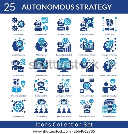 Autonomous Strategy icon set collection in outline style. an icon pack contain business growth bot, performance metrics, strategic AI thinking, AI workforce, risk detection