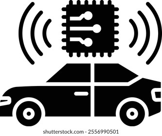 Autonomous Systems icon. A car with a chip symbolizing self-driving and autonomous technologies. Suitable for AI and automation contexts. Black flat syle.