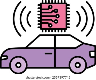 Autonomous Systems Icon – Car with Chip on Roof, Depicting Self-Driving Technology and Autonomous Navigation. Vector illustration.