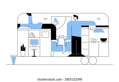 Autonomous Tiny House With Couple And Cat. Young Woman Lies And Looking At A Man. Small House With Kitchen, Laptop, Plant, Armchair, Window. Concept Tiny Home. Vector Flat Illustration