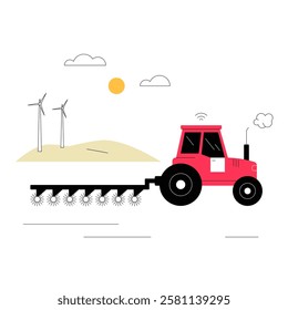 Autonomous Tractor In Flat Vector Illustration Symbolizing Smart Agriculture, Precision Farming, And Agricultural Automation, Isolated On White Background