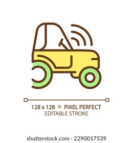 Autonomous tractor green RGB color icon. Self driving farm vehicle. Agricultural machinery. Driverless technology. Isolated vector illustration. Simple filled line drawing. Editable stroke
