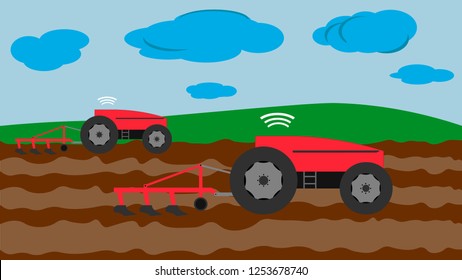 Autonomous tractor plowed field without control of a person. Smart systems in agriculture.