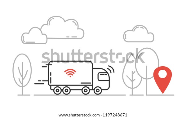 Autonomous transport - self driving truck\
moving by highway. Vector line\
illustration.
