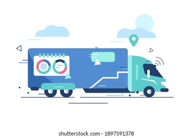 Autonomous truck drive on road vector illustration. Unmanned vehicles. Artificial intelligence controls self-driving lorry flat style. Modern technologies concept. Isolated on white