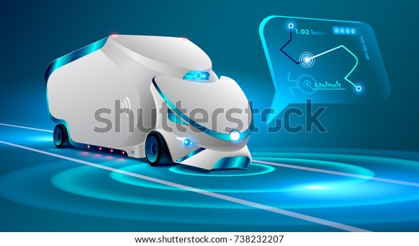 Autonomous truck drive on the road. Unmanned\
vehicles. artificial intelligence controls the Autonomous truck.\
car \' locus insignis in an interactive map, gps system. Future\
concept car.