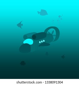 Autonomous underwater drone or robot exploration seabed. Marine life and scientific bathyscaphe