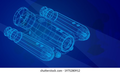 autonomous underwater robot drone for seabed exploration and deep sea video filming in wireframe low poly mesh on blue underwater background. 3d vector