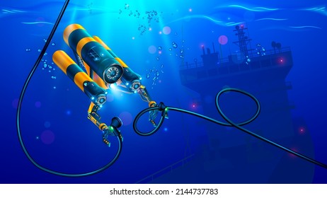 Autonomous Underwater Rov Or Drone With Manipulators Or Robotic Arms. Modern Remotely Operated Underwater Vehicle. Subsea Robot For Deep Underwater Exploration Sea Bottom In Place Shipwreck Of Ship.