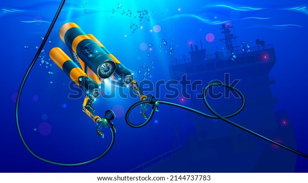 Autonomous underwater rov or drone with
manipulators or robotic arms. Modern remotely operated underwater
vehicle. Subsea robot for deep underwater exploration sea bottom in
place shipwreck of
ship.