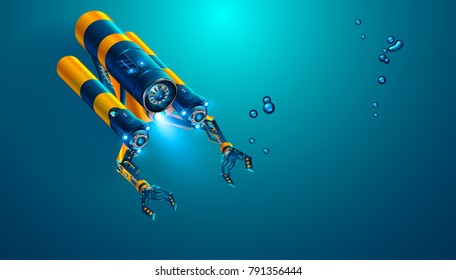 Autonomous underwater rov with manipulators or robotic arms. Modern remotely operated underwater vehicle. Fictitious subsea drone or robot for deep underwater exploration and monitoring sea bottom.