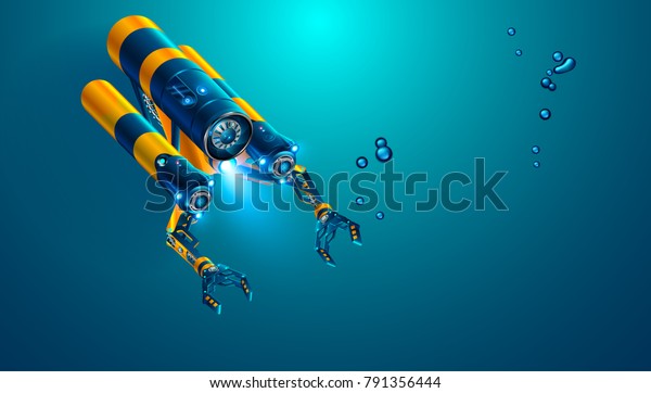 Autonomous underwater rov with manipulators or\
robotic arms. Modern remotely operated underwater vehicle.\
Fictitious subsea drone or robot for deep underwater exploration\
and monitoring sea\
bottom.