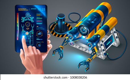 Autonomous underwater rov on deck ship. Underwater sea drone controlled remotely by using application on tablet. Rov on stand for charging. Robot with fpv camera, robotics arms for deep exploration. 