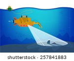 Autonomous underwater vehicle or AUV exploring the depths of the ocean floor. Vector Eps10 Illustration.
